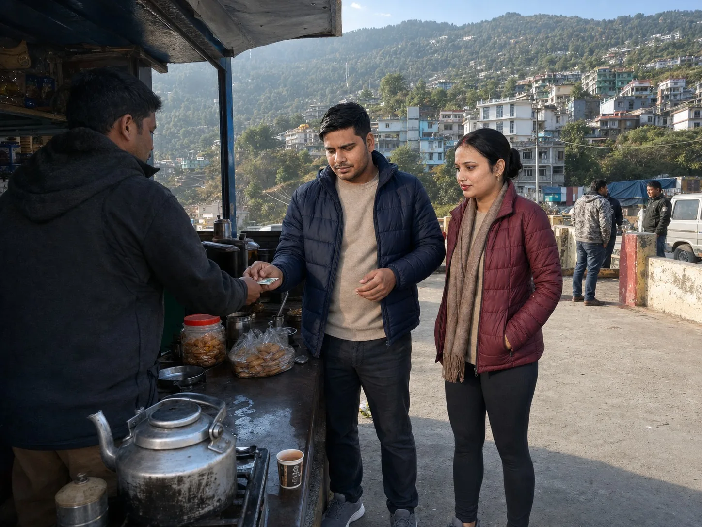 Nav paying at a roadside tea cart with a steel kettle and jars on the counter, Vandana beside him and houses on the hillside behind.