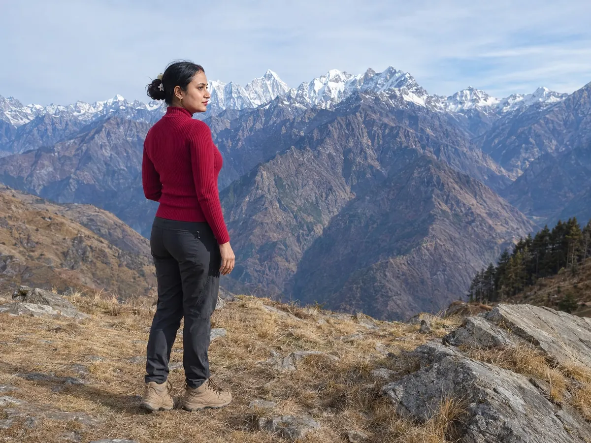 Vandana looking out at a long ridge of snow peaks from a dry hillside at Auli