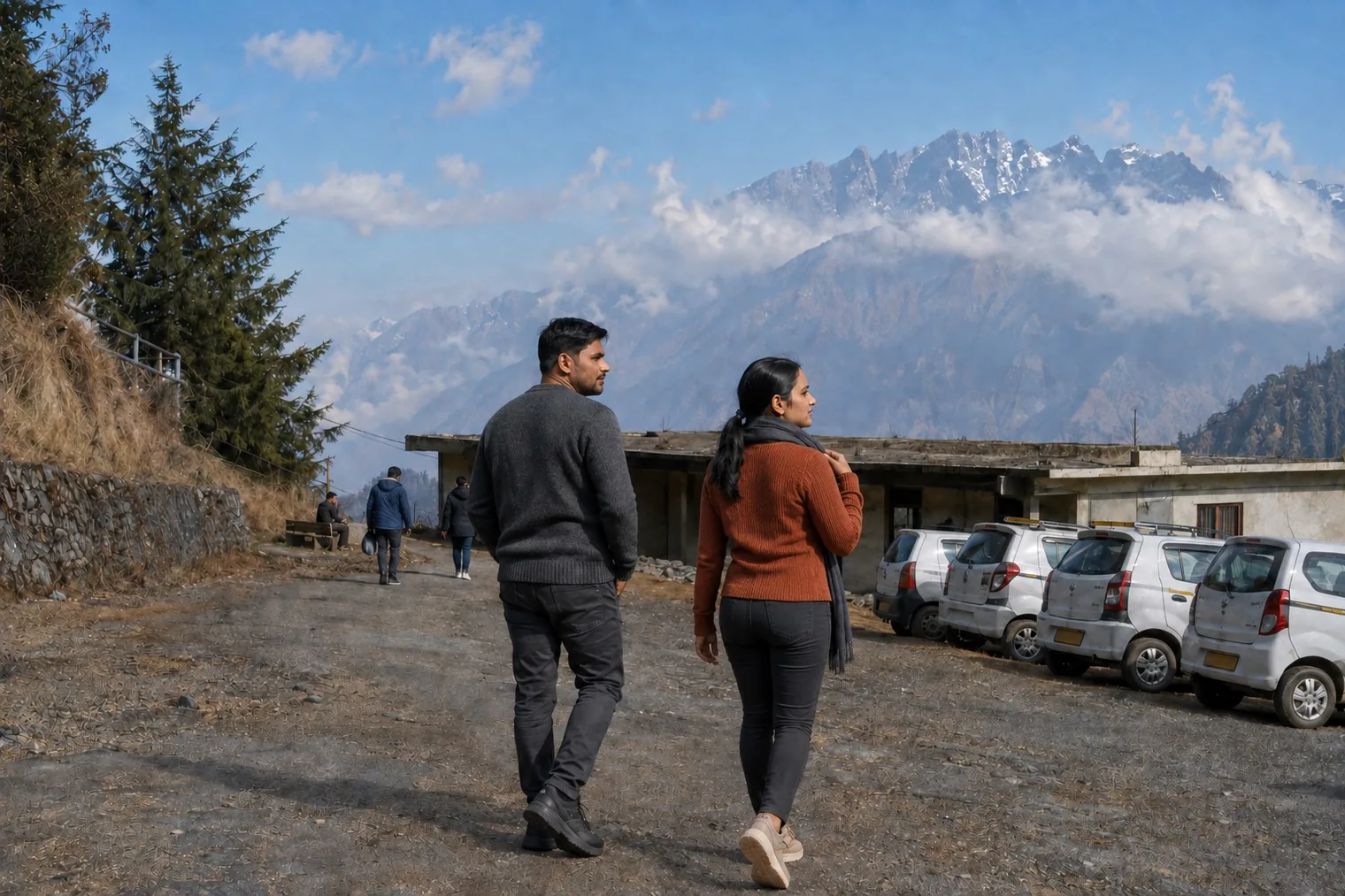 Nav and Vandana walking across a gravel parking area past a line of white taxis, a snow-capped range beyond.