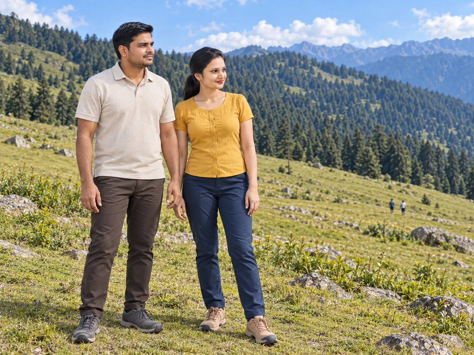 Nav and Vandana in short sleeves standing on a green hillside meadow scattered with rocks, conifer forest and far ridges behind.