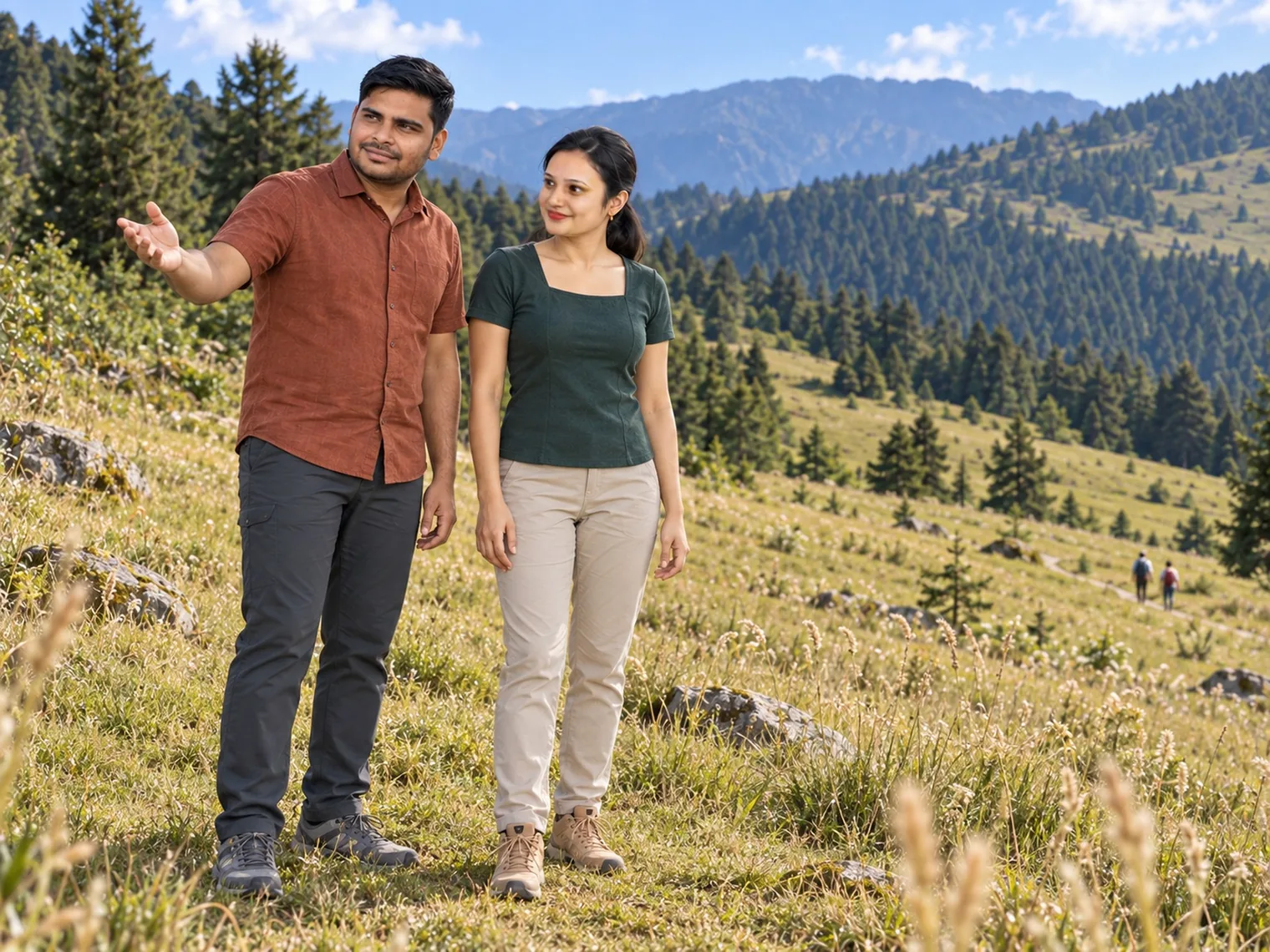Nav pointing across a grassy slope while Vandana looks on, two walkers small on the hillside behind.