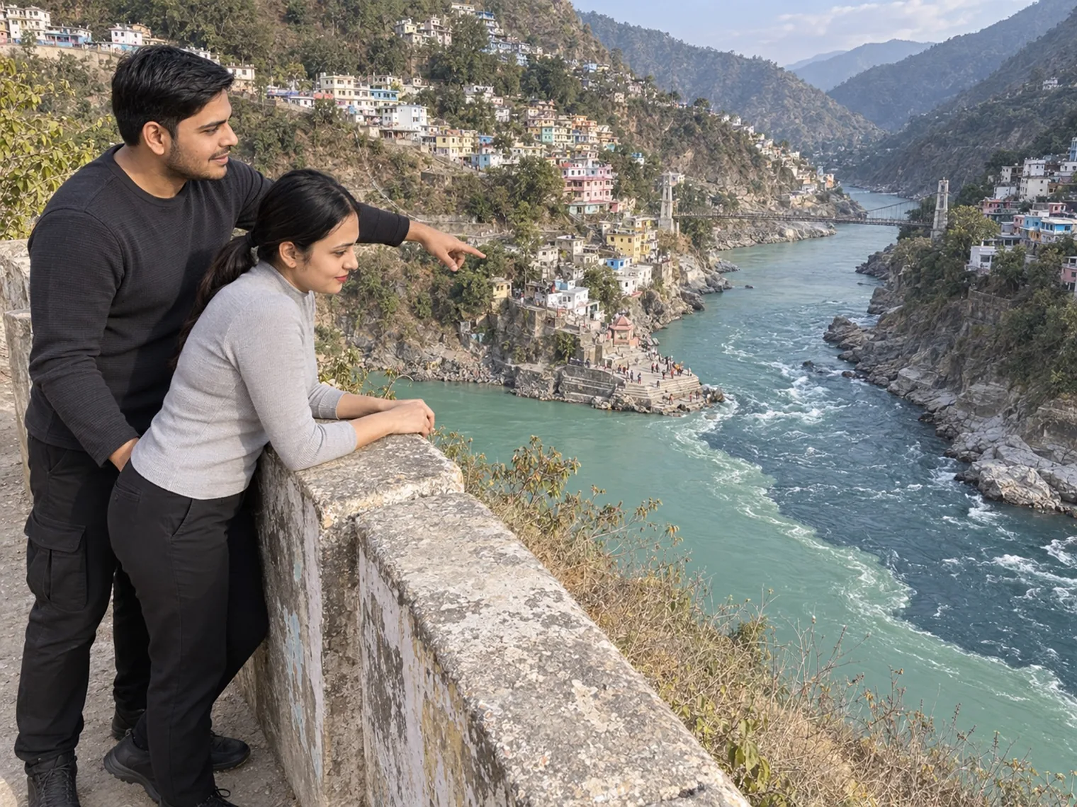 Nav and Vandana at a stone parapet, Nav pointing down at a turquoise river winding through a gorge, a town of painted houses stacked on the slope and a suspension bridge downstream.