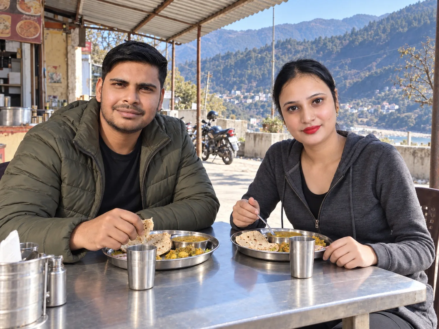 Nav and Vandana eating thalis of rice, dal and roti at a steel table in an open-sided roadside dhaba, a motorbike and hills behind.