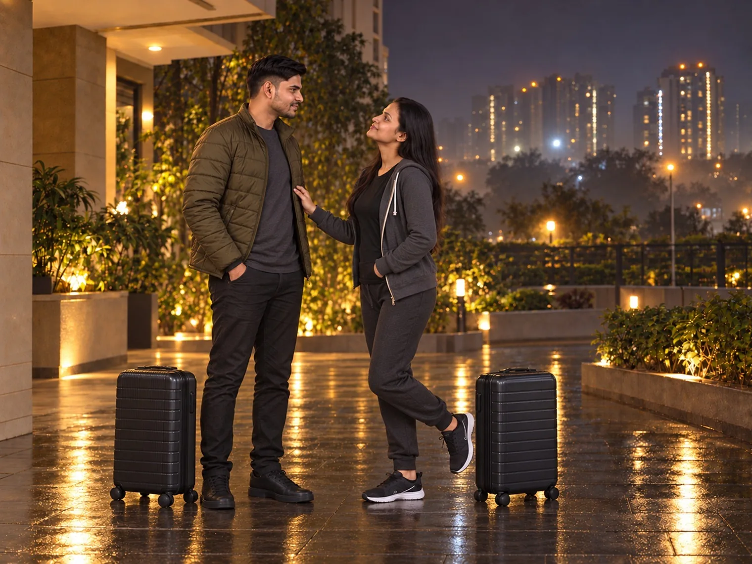 Nav and Vandana on a lit forecourt at night with two carry-on suitcases, apartment towers behind.
