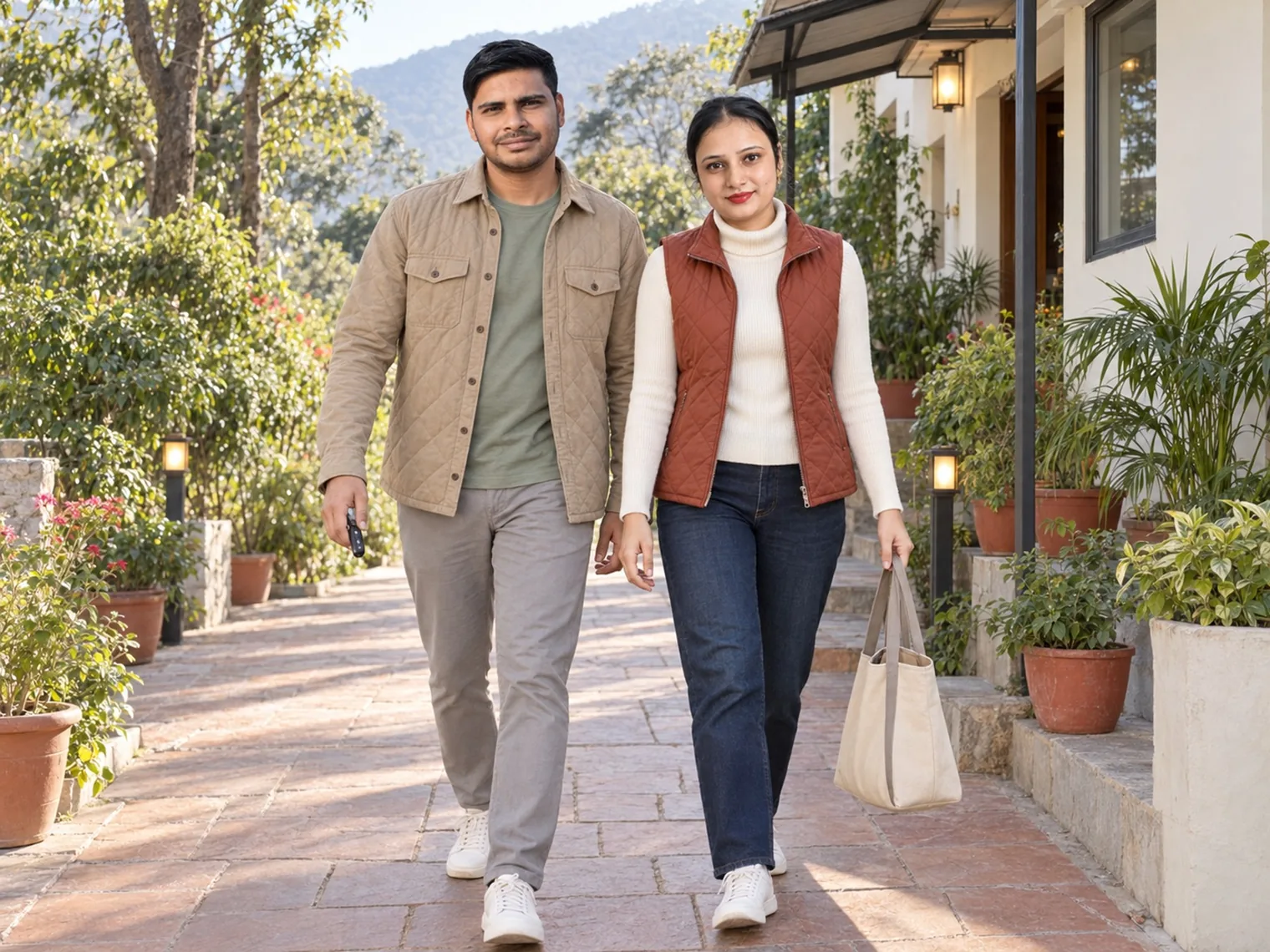 Nav and Vandana walking along a paved path between planters in daylight, a bag over Vandana's shoulder.