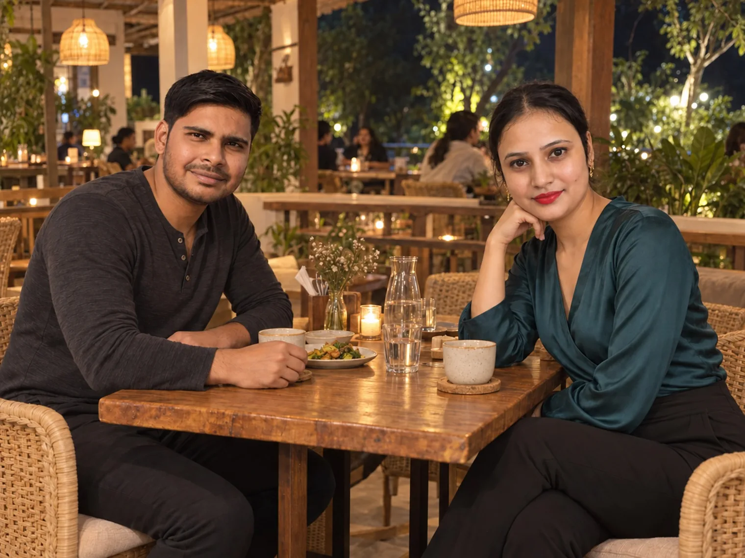 Nav and Vandana at a candle-lit outdoor restaurant table with a plate and glasses, other diners under hanging lamps behind.