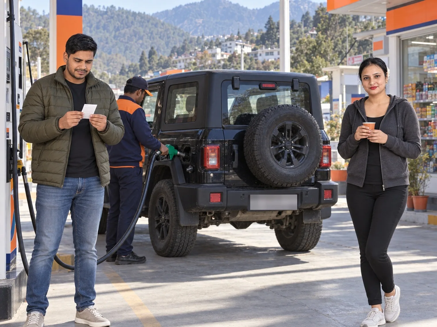 A black Thar at a fuel pump with an attendant filling it, Nav reading a receipt and Vandana holding a paper cup, forested hills behind.