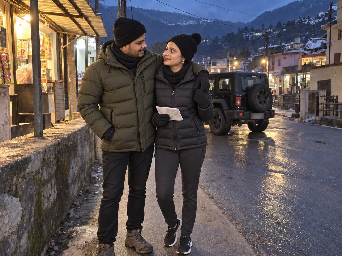 Nav and Vandana walking arm in arm along a wet street past a shop at dusk, a black Thar parked behind them and lit houses on the hill.