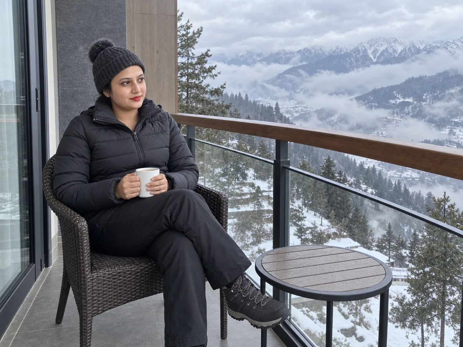 Vandana in a winter hat sitting on a balcony chair with a mug, a glass railing in front of snowy pines and cloud in the valley.