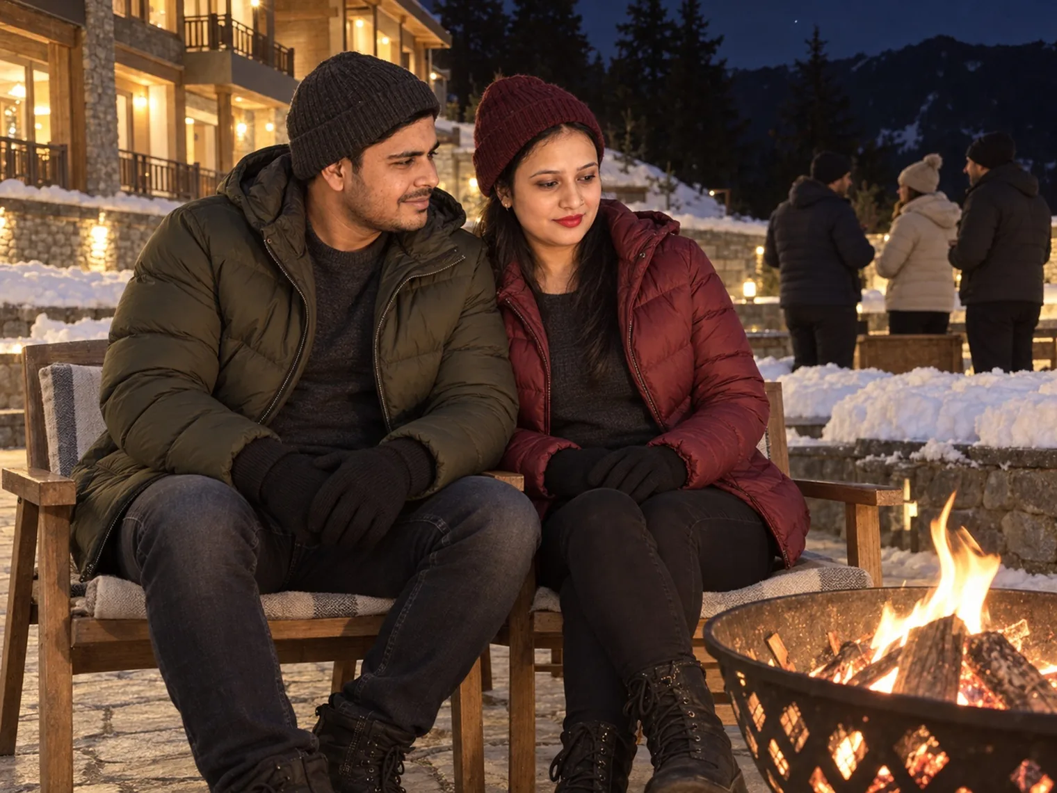 Nav and Vandana in winter hats sitting beside a burning fire pit on a terrace at night, other guests standing behind them.