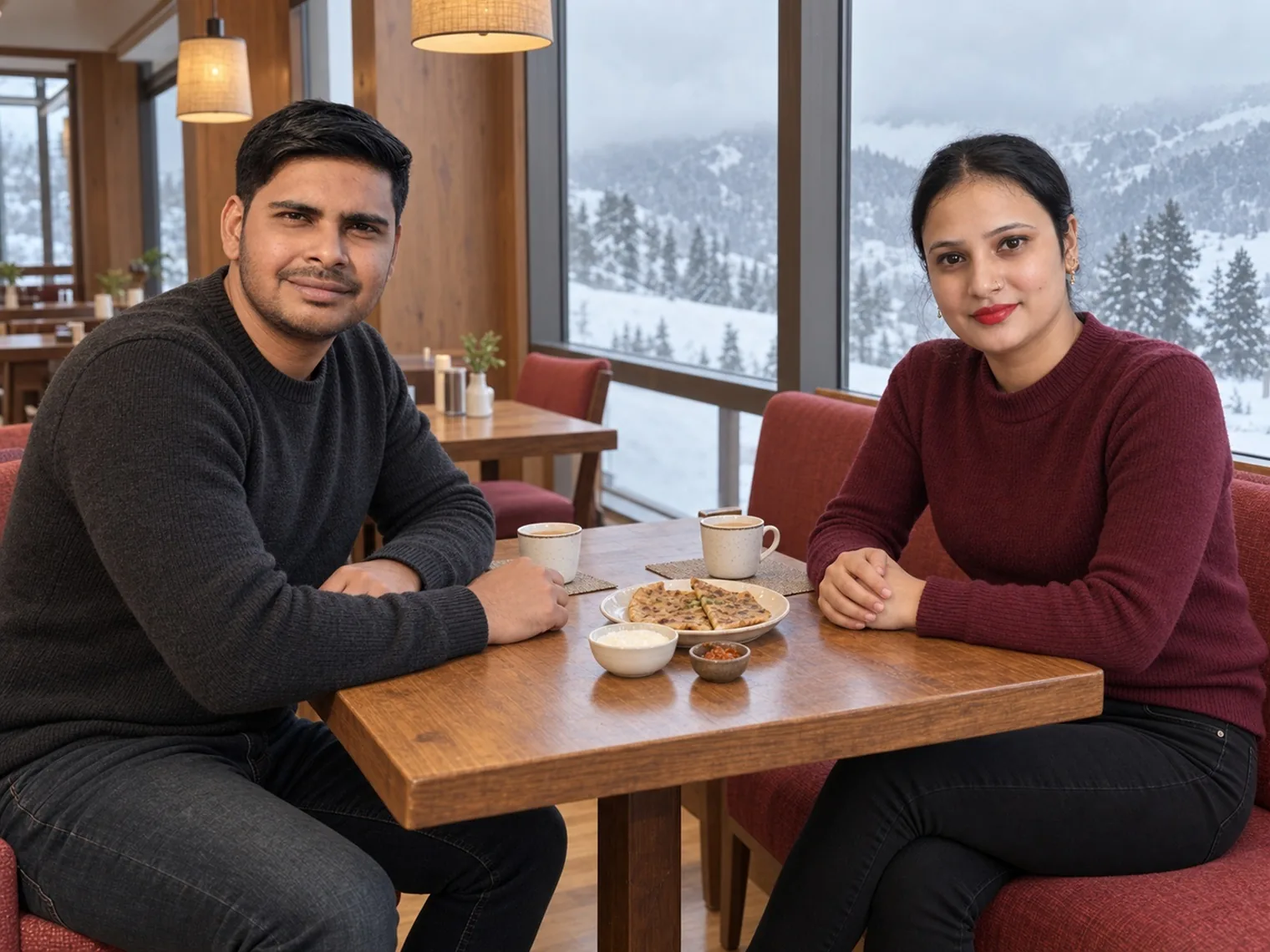 Nav and Vandana at a table with tea cups and plates, tall windows looking out onto snow and pines.