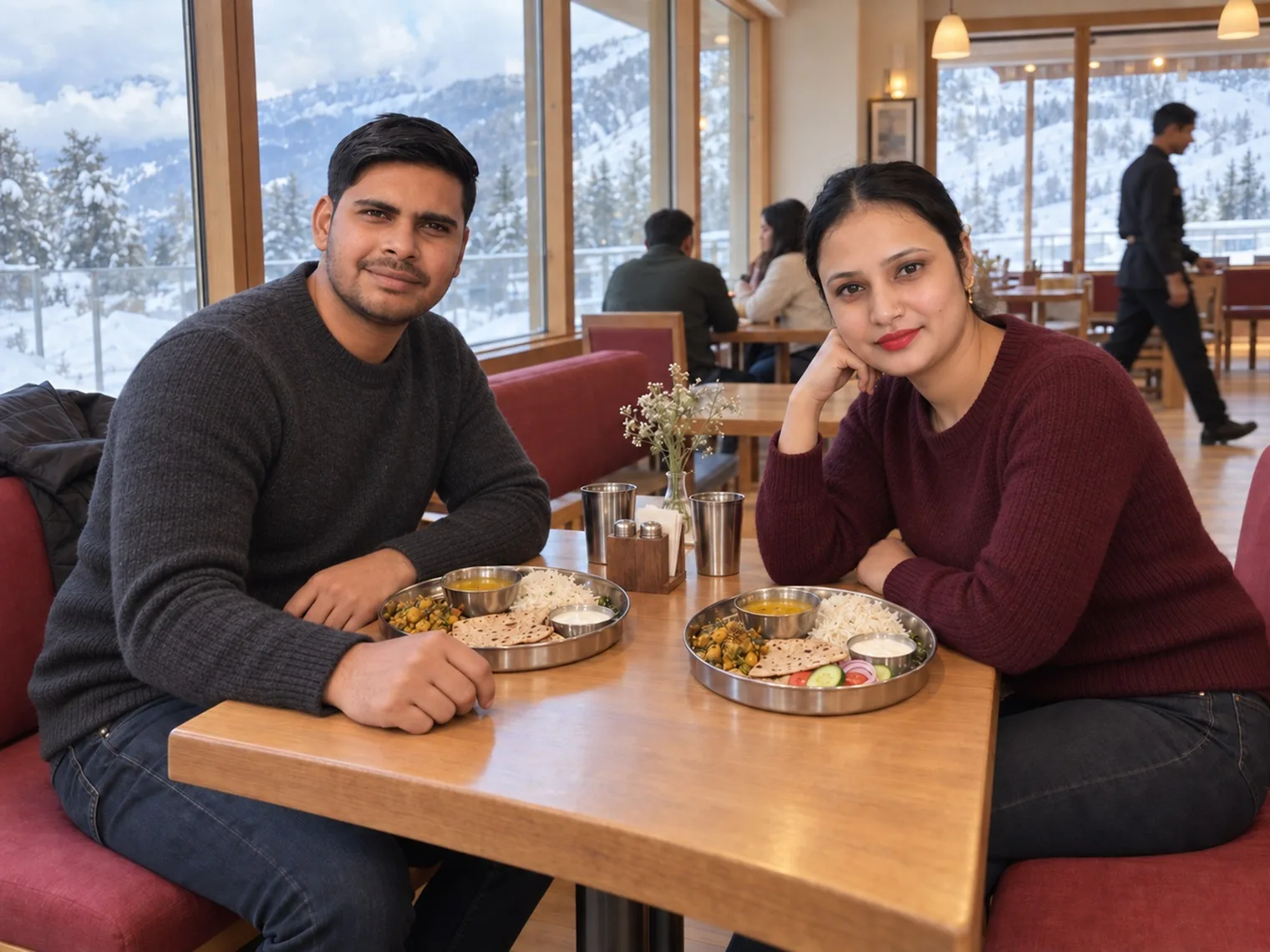 Nav and Vandana at a wooden table with two steel thalis, snow-covered hills through the dining room windows behind them.