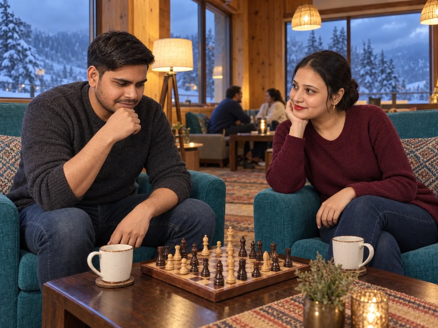 Nav studying a chessboard on a low table while Vandana smiles across from him in a wood-panelled lounge, snow outside the windows.