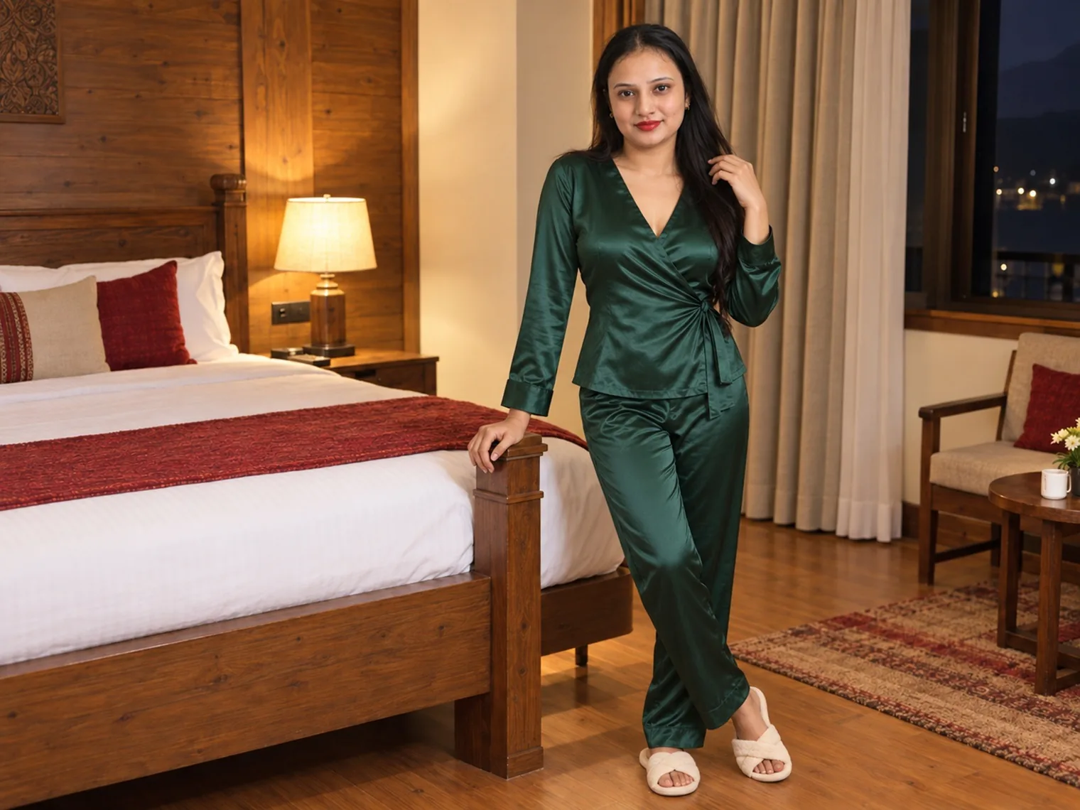Vandana standing by the foot of a wooden bed in an evening-lit room, an armchair and a patterned rug beside the window.