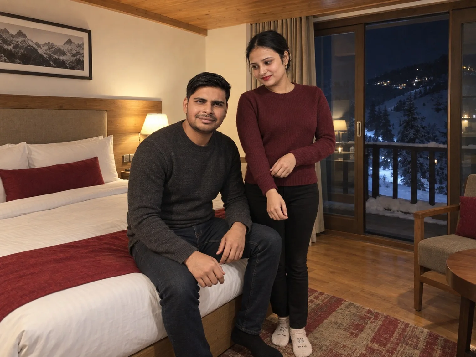 Nav sitting on a double bed and Vandana standing beside him in a wood-panelled room, a glass door to a balcony showing snow outside at night.