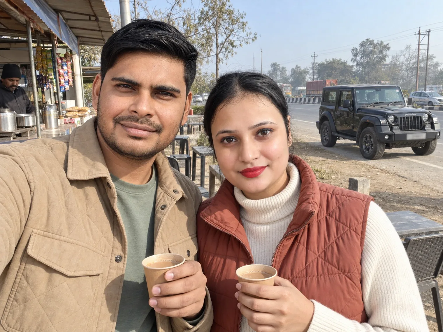 Nav and Vandana holding paper cups of tea at a roadside stall on a four-lane highway, a black Mahindra Thar parked behind them with its number plate blurred.