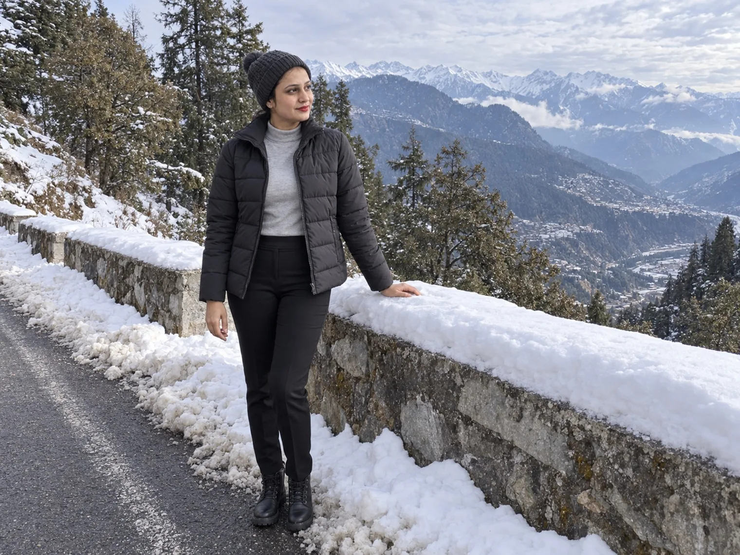 Vandana resting a hand on a snow-covered stone parapet beside a mountain road, a wide valley with a town and snow peaks behind her.