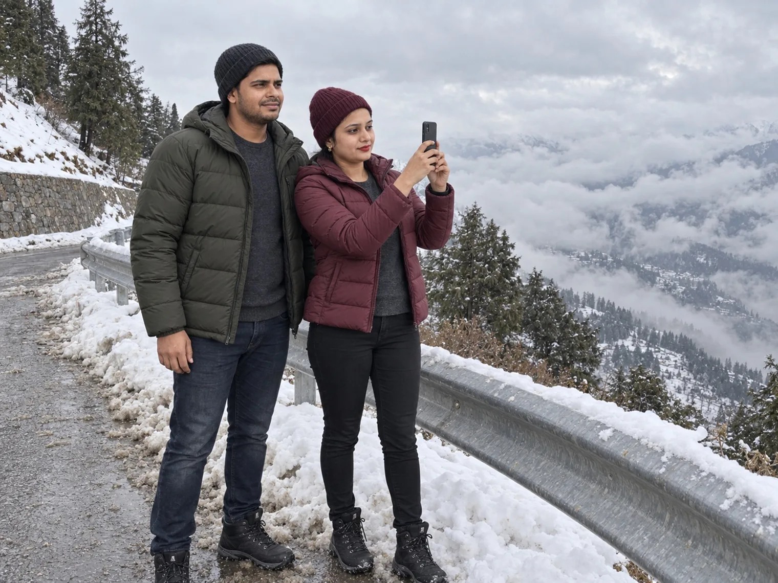 Vandana photographing the valley on her phone from beside a snow-covered guardrail, Nav standing next to her, cloud below.