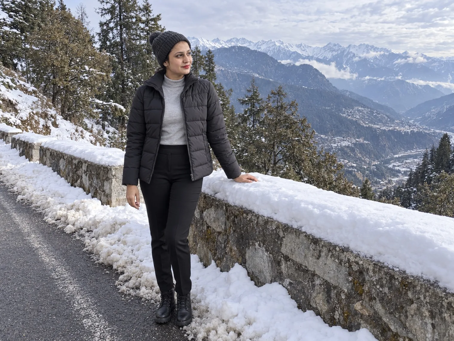 Vandana standing against a snow-topped stone parapet on a cleared mountain road, ridges and a town far below.