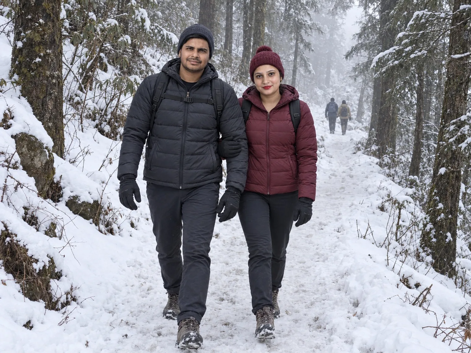 Two visitors with backpacks walking down a snow-covered trail between tall conifers, two more people further along in the mist.